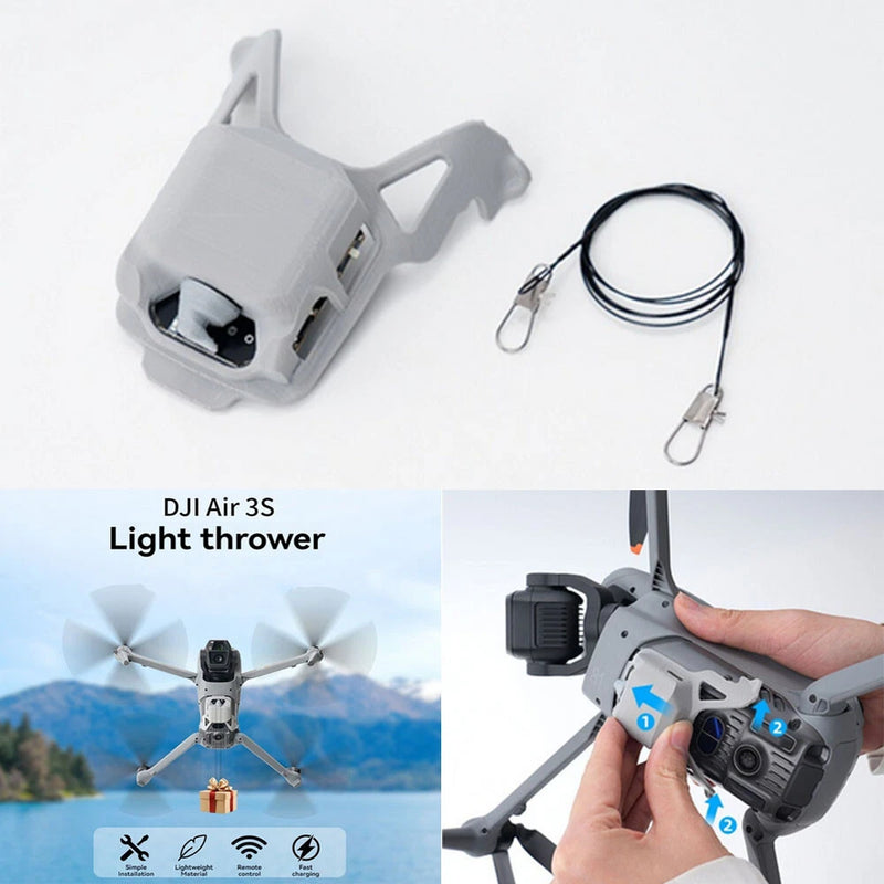 Grey drone air thrower accessory with wired trigger and mount