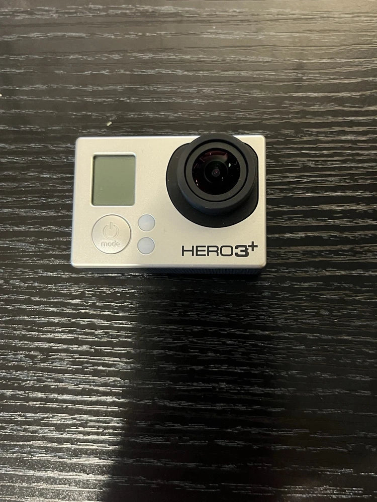 GoPro HERO3+ action camera with front LCD and lens in light silver housing