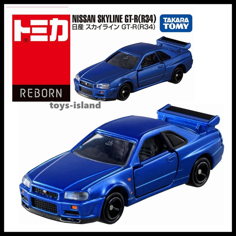 Blue NISSAN Skyline GT-R R34 die-cast toy car with opening hood