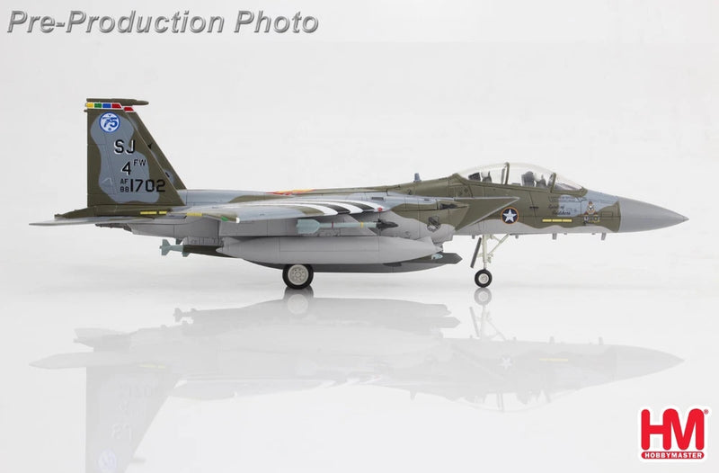 Hobby Master 1:72 F-15E model jet in gray and olive with tail markings.
