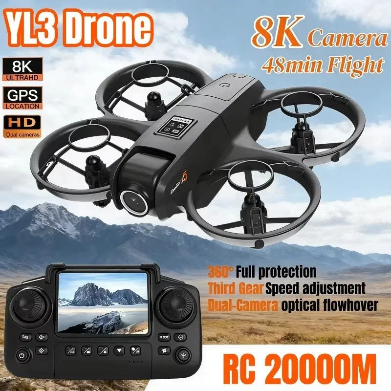 Quadcopter drone with dual cameras and foldable propellers, front view