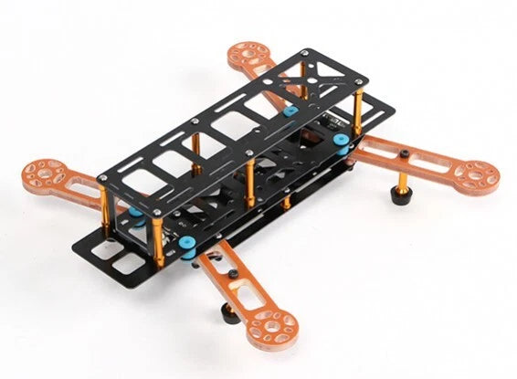 FPV drone frame kit with orange motor mounts and blue LED connectors