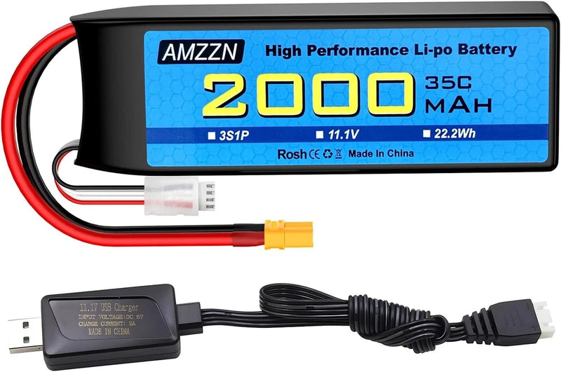3S Lipo Battery 11.1V 2000mAh 35C with XT30 Plug and USB Charging Cable for RC