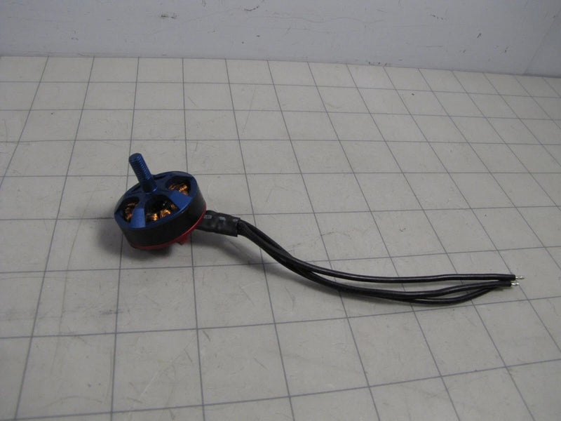 Blue brushless drone motor with black wire leads and connector