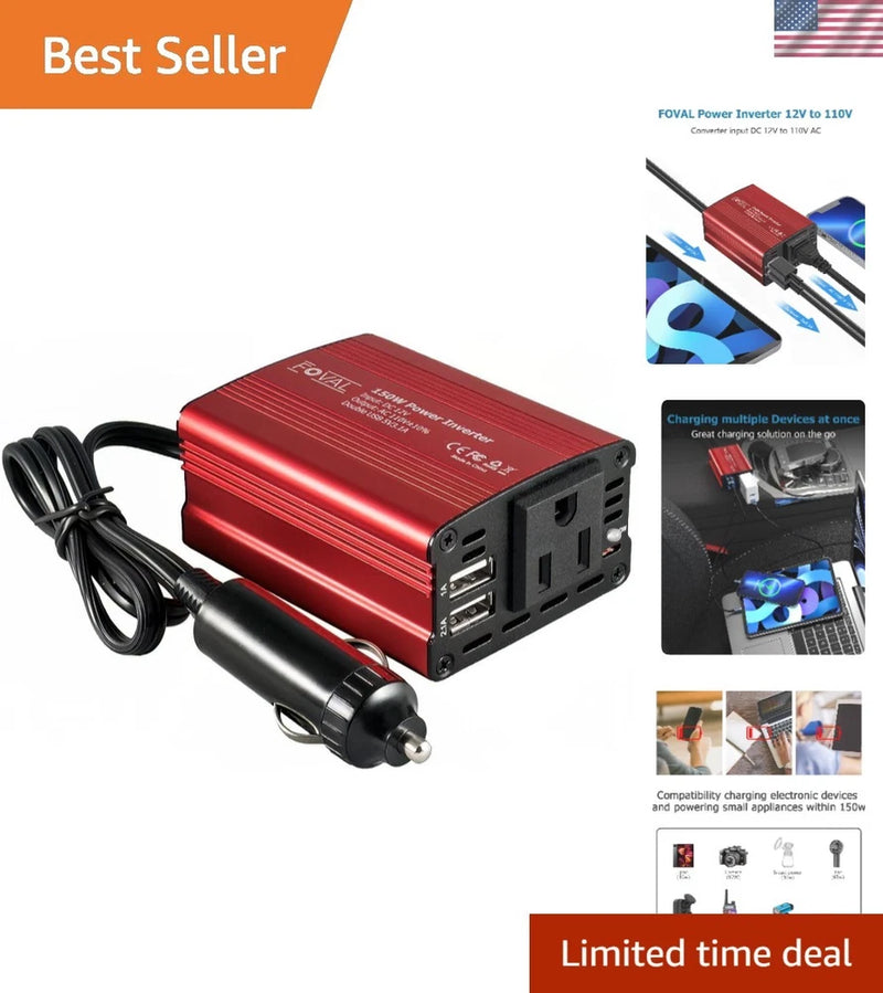 150W Car Power Inverter - DC to AC Converter with Dual USB, Classic Red Design