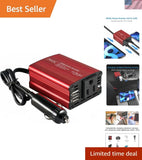150W Car Power Inverter - DC to AC Converter with Dual USB, Classic Red Design