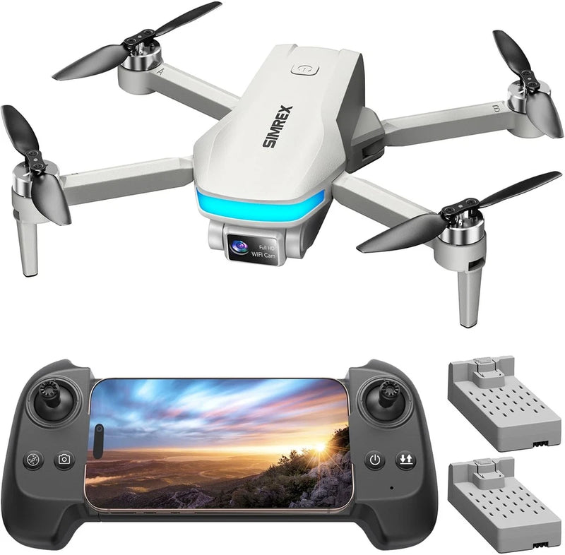 SIMREX 4K drone with camera and gray controller, blue light accents