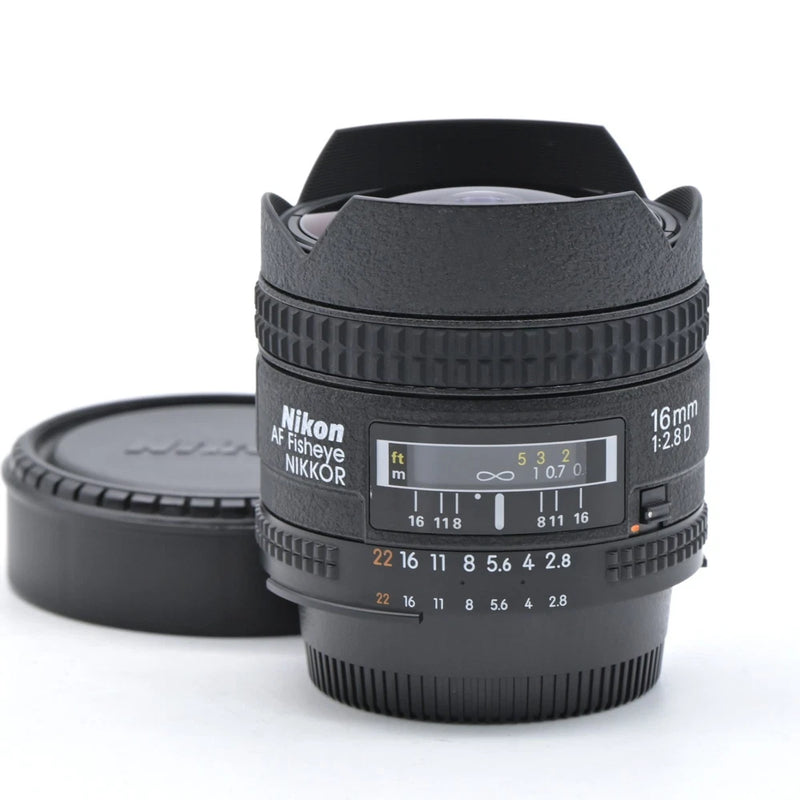 Nikon fisheye camera lens, black 16mm f/2.8D with engraved aperture scale