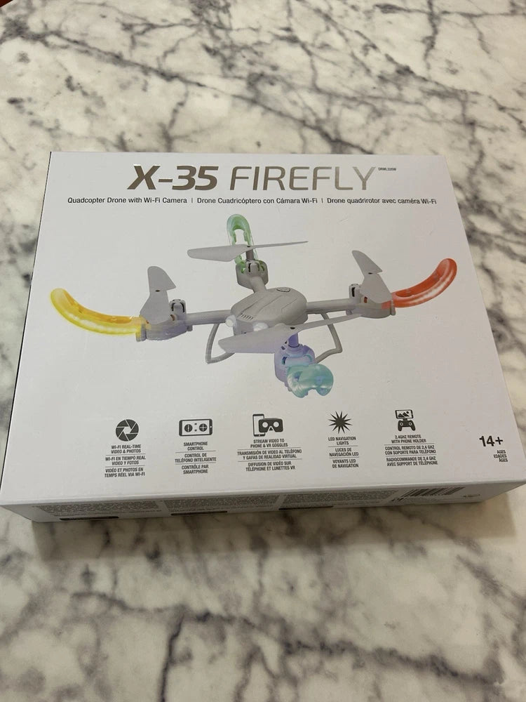 X-35 Firefly quadcopter drone retail box with drone and remote control icons, white