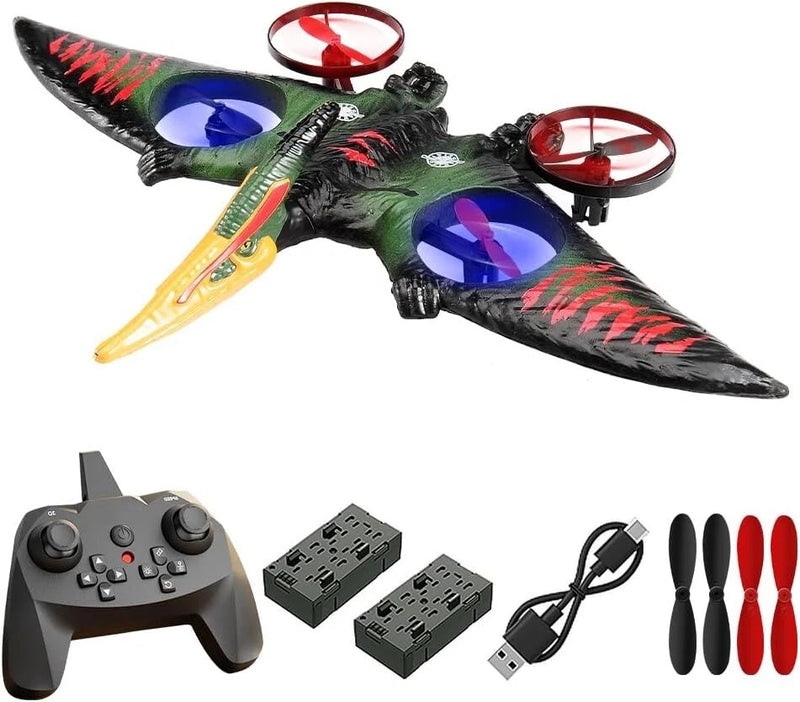 LED pterosaur RC stunt plane with blue glow lights, quad blades, remote and USB parts