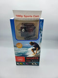 Sports action camera retail box showing camera and 2.0-inch screen, 1080p