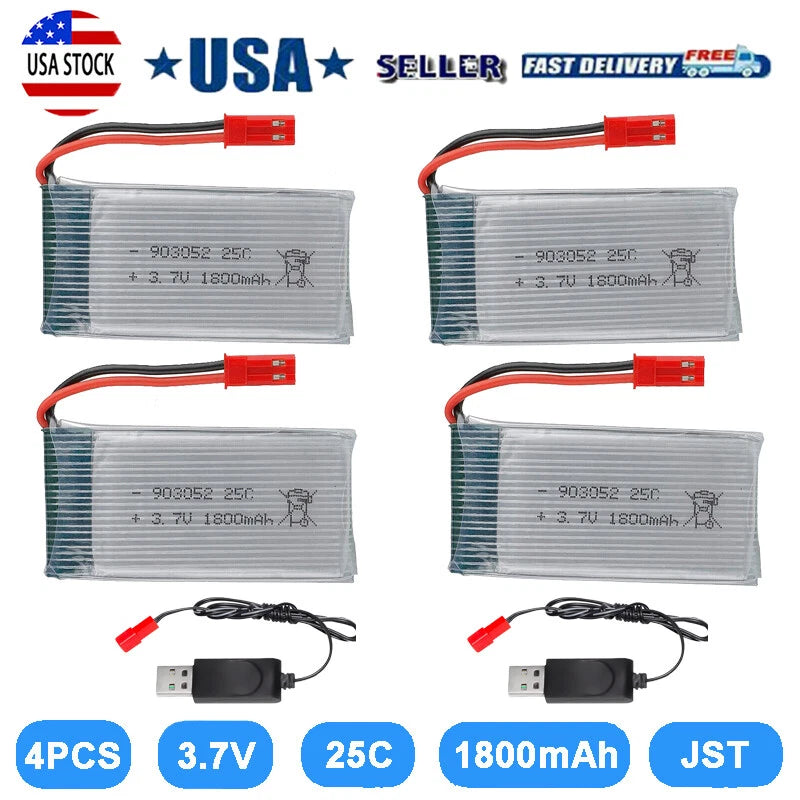 4Pcs Lipo Battery 3.7V 1800mAh 25C JST Plug USB Charger for RC Drone Battery USA