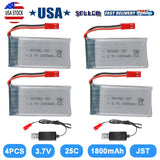 4Pcs Lipo Battery 3.7V 1800mAh 25C JST Plug USB Charger for RC Drone Battery USA