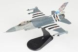 Gray F-16AM Fighting Falcon model airplane with black display stand