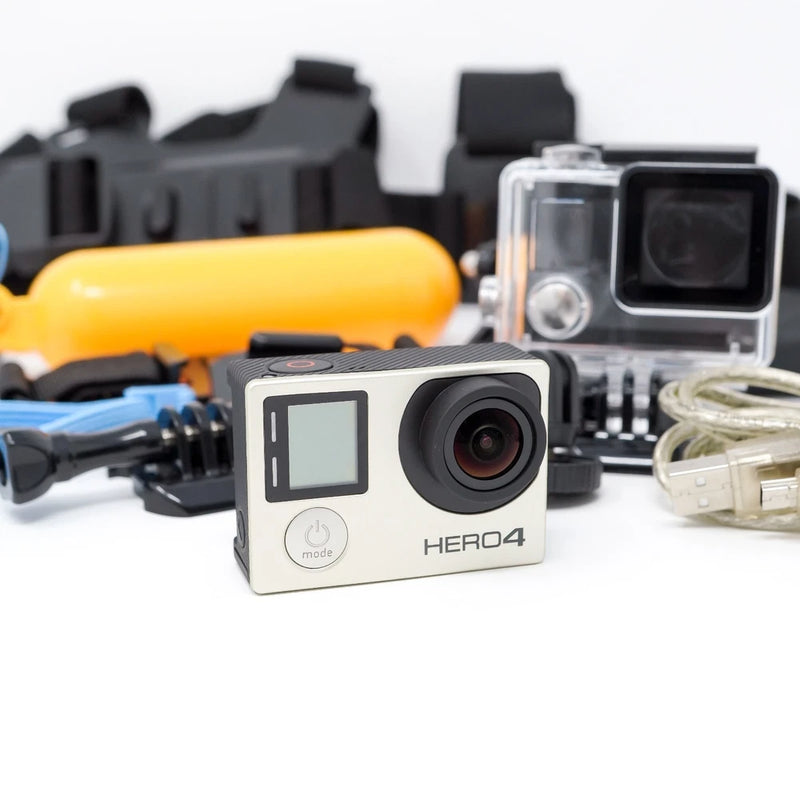 Silver HERO4 action camera with front lens and LCD screen