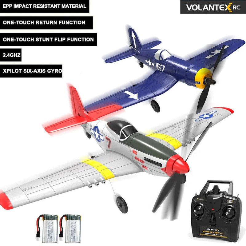 RC fighter airplane drone toy with blue and gray fuselage, propellers, and remote controller