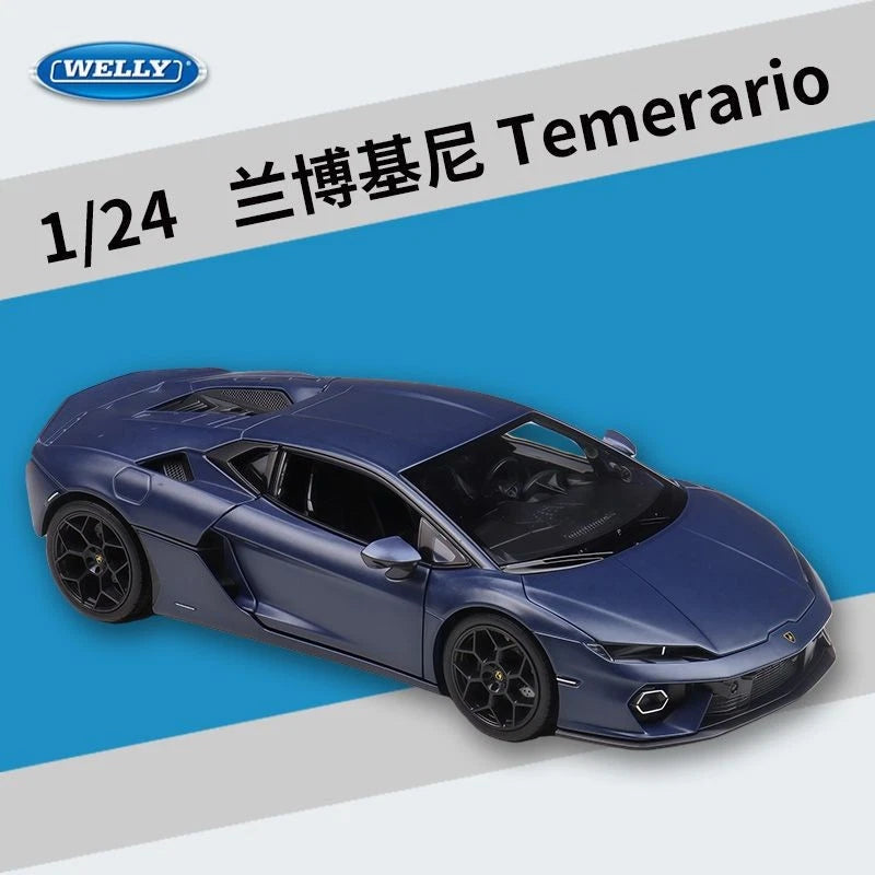 WELLY 1:24 dark blue Lamborghini Temerario alloy car model with realistic cockpit and body lines