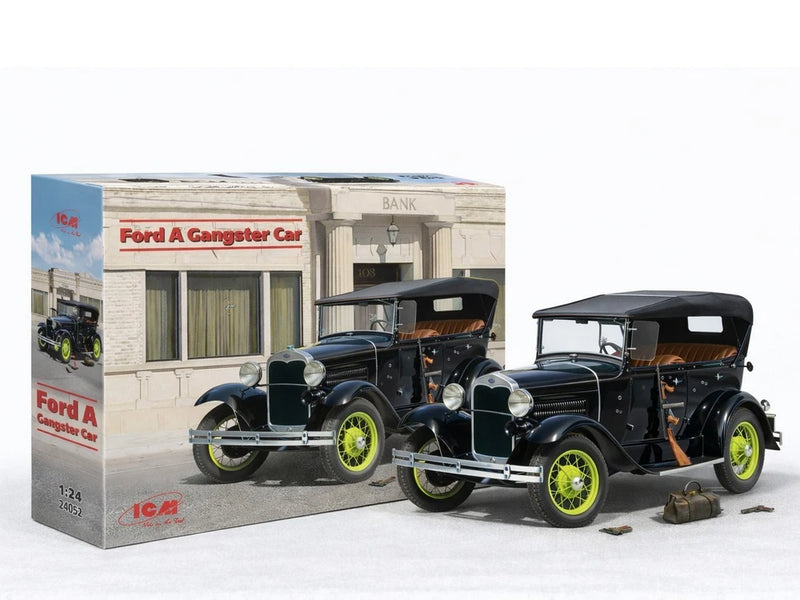1:24 scale gangster car model kit box with black vintage coupe and open hood
