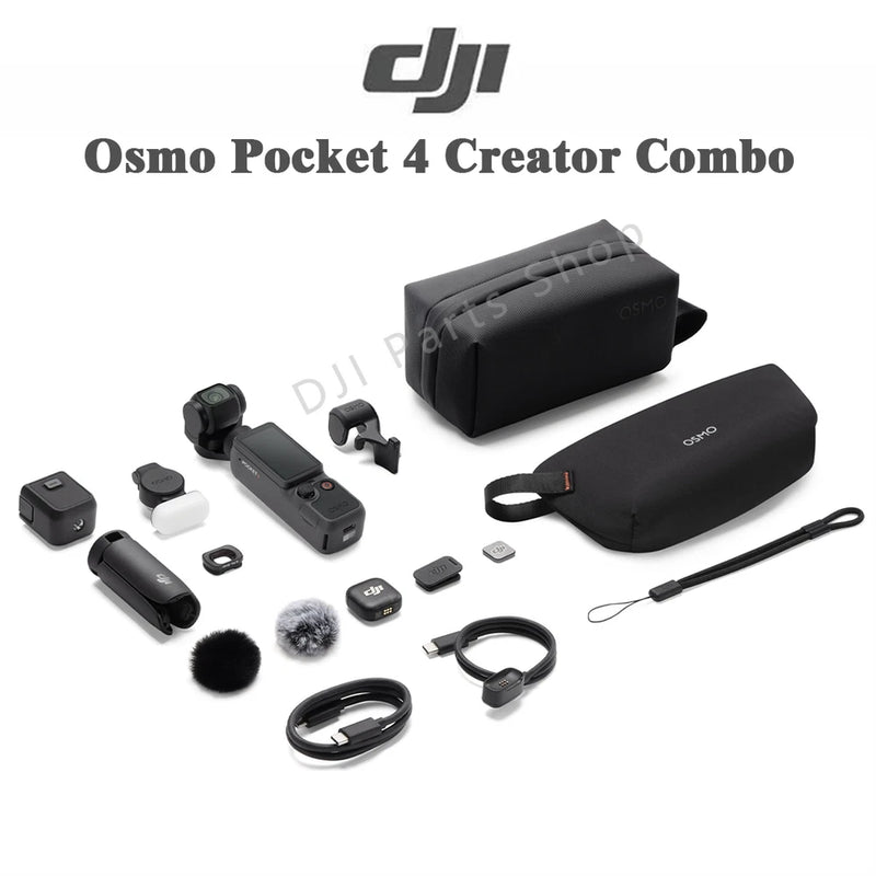 Handheld gimbal camera kit with wide-angle lens and mic, plus black accessories