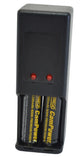 NiMH battery charger with two red LED indicators, black compact case.