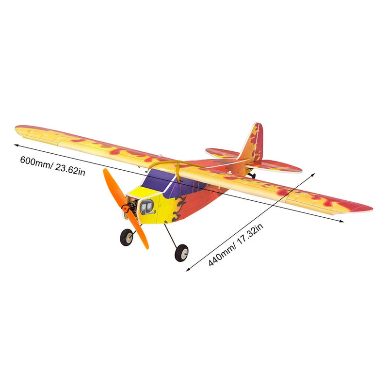 600mm foam RC airplane with yellow and red flame design, tricycle landing gear
