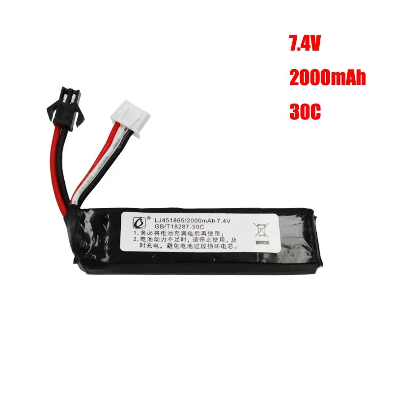 7.4V 2000mAh 30C rechargeable battery pack with red/black wires and white connector