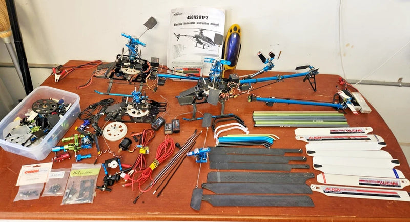 HUGE LOT Three (3) 450 V2 RC Helicopter chassis 4 Futaba Receiver LOTS OF PARTS