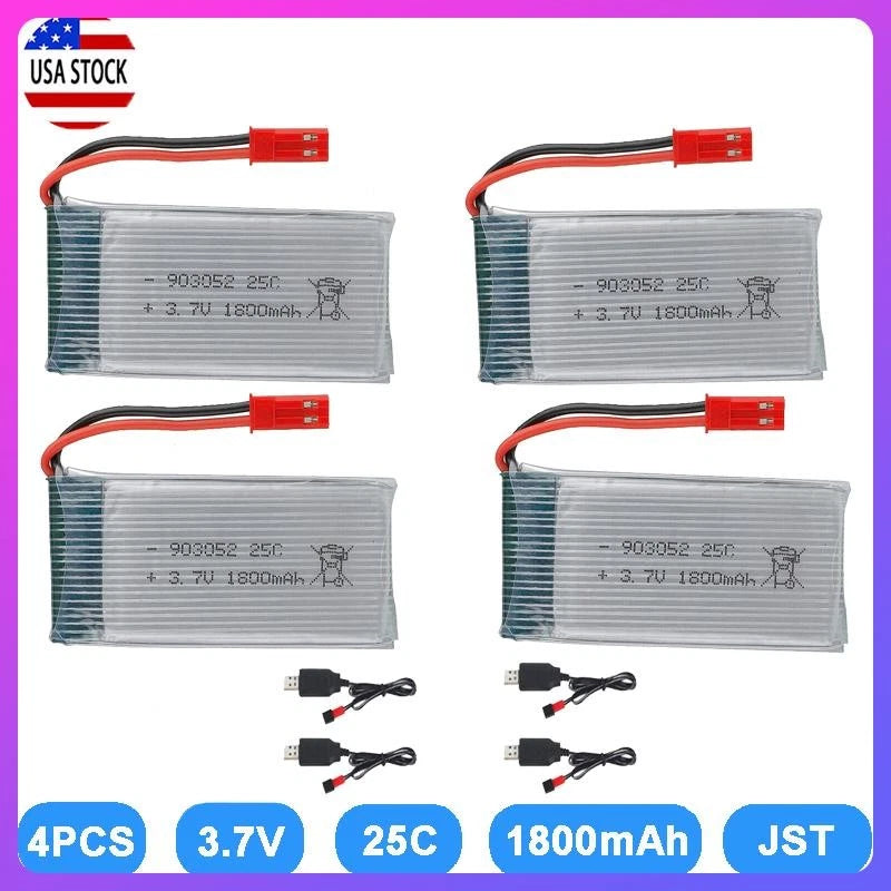 4 PACK 3.7V 1800mah 25C JST Plug Lipo Battery + USB Charger for RC Drone Battery