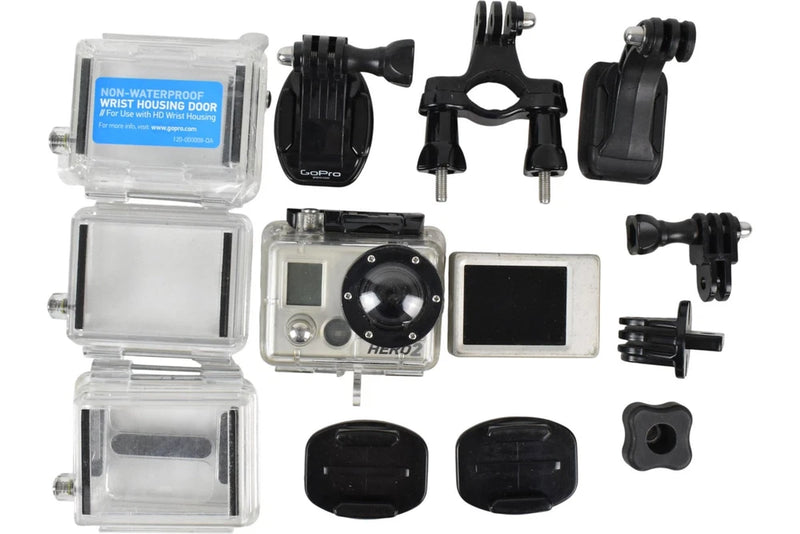 GoPro HERO2 action camera with waterproof housing and multiple mounting accessories