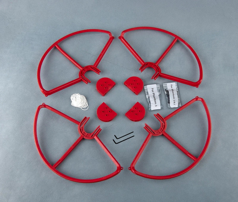 Red snap-on prop guards kit with mounting hardware for quadcopter props