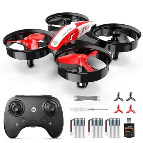 Mini quadcopter drone kit, black-and-red body, four propellers, remote controller and batteries