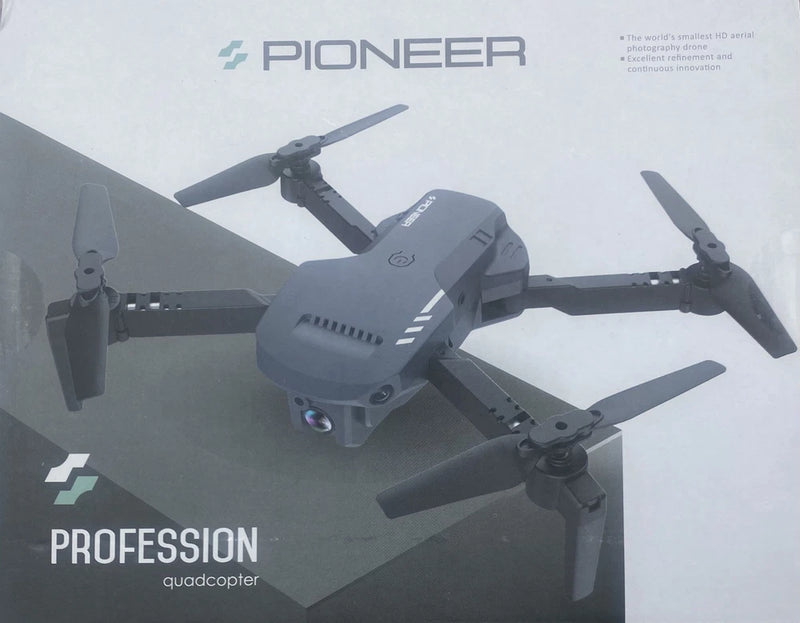 White quadcopter drone with four propellers and camera gimbal on body