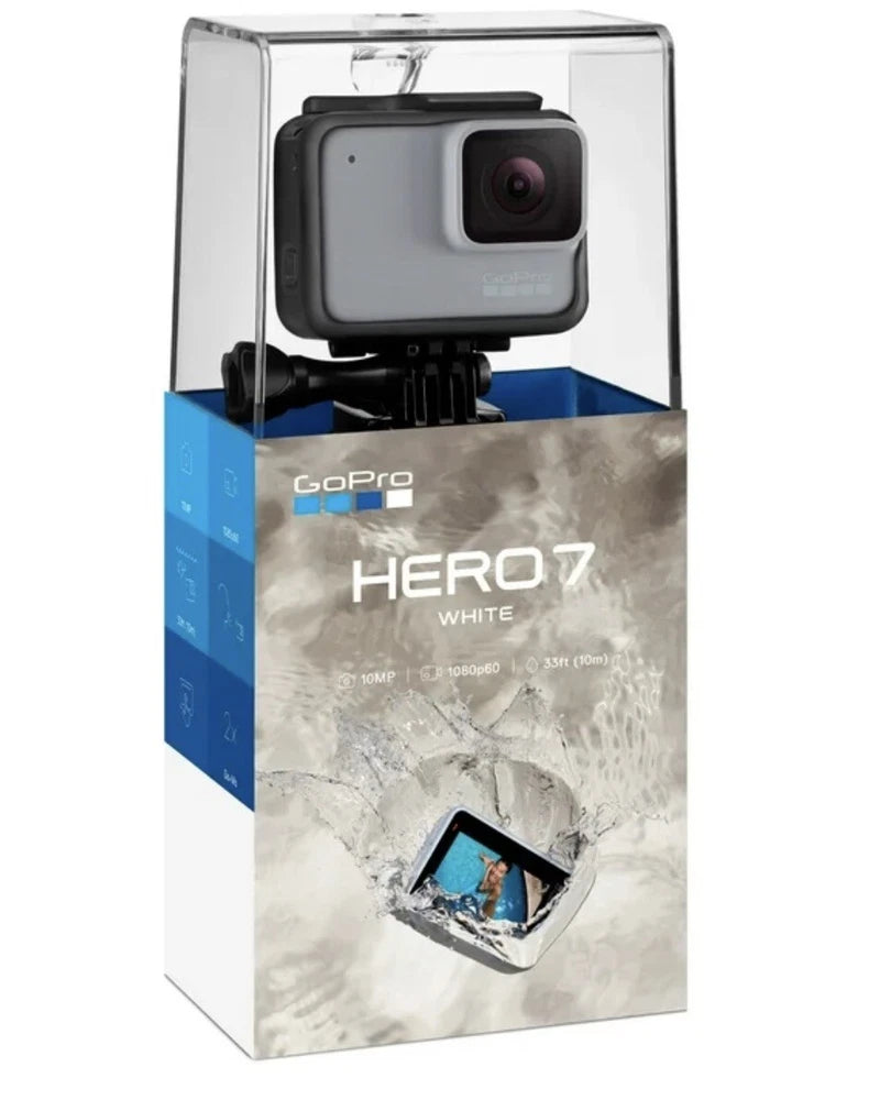 GoPro HERO7 white waterproof action camera with front lens, shown in retail box
