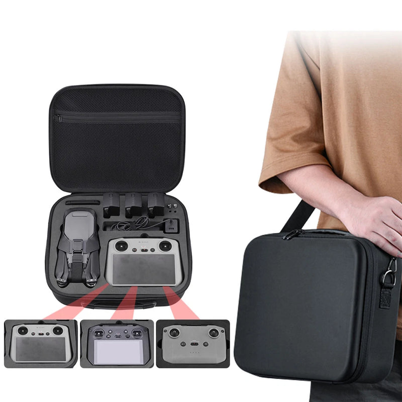 Black hard storage case with foam compartments and zip closure for drone remote