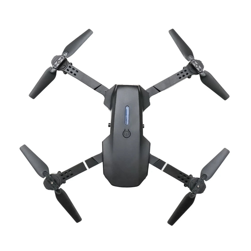 RC quadcopter drone, dark body with four foldable propellers and front LED