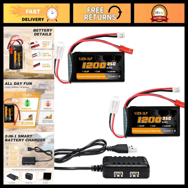 7.4V 1200mAh Lipo Battery 2S 35C with USB Charger for 1/10 1/16 1/24 RC Cars Battery