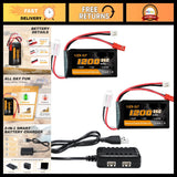 2S LiPo RC battery pack with 1200mAh label and USB charger cable