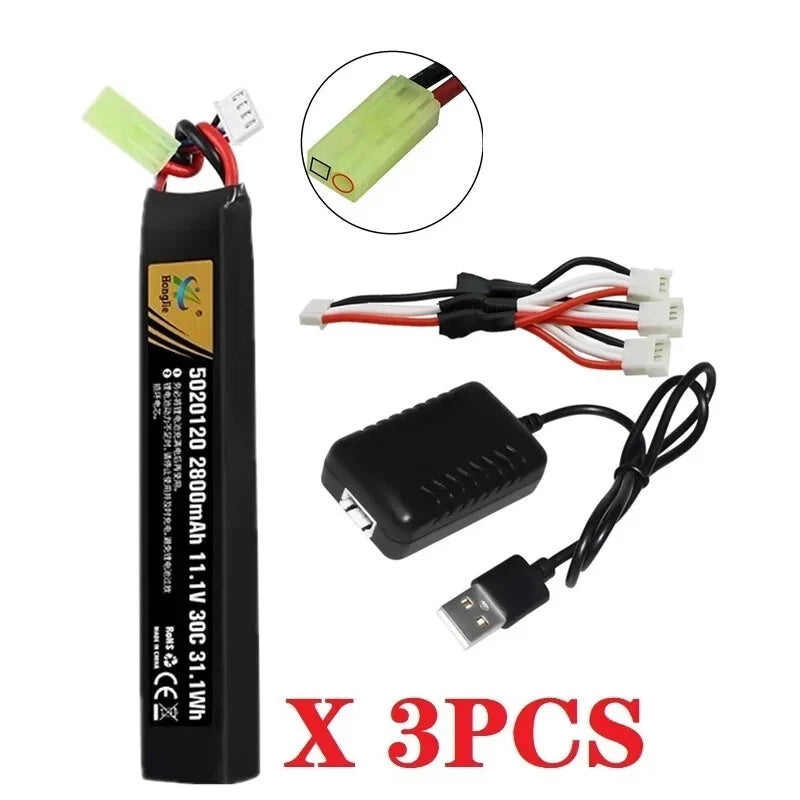 30C 11.1v 2800mAh LiPo Battery Mini Tamiya plug + Charger for RC water Gun Drone