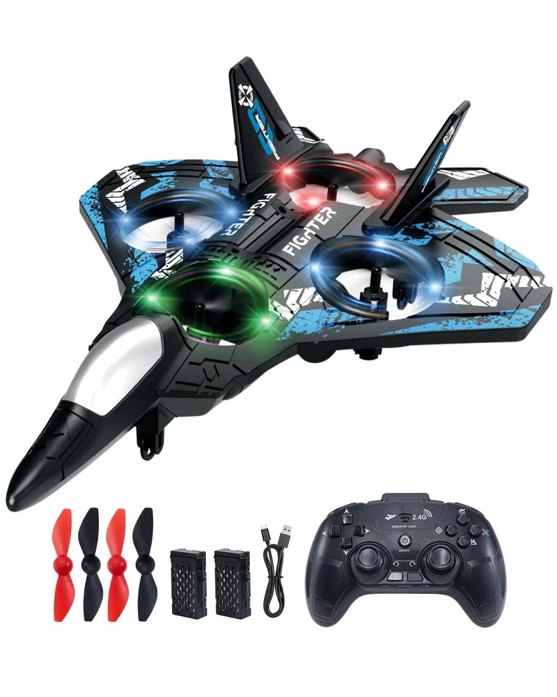 Kids remote control LED airplane drone with black body, multicolor lights, controller and propellers