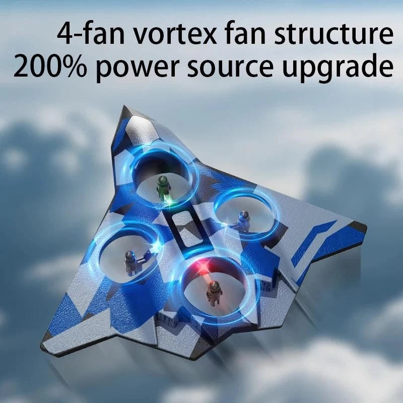 Remote-control foam jet drone with blue lights and four circular fan vents