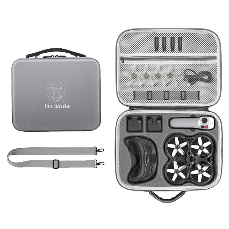 DJI Avata travel carrying case with mesh top pouch and padded accessory compartments