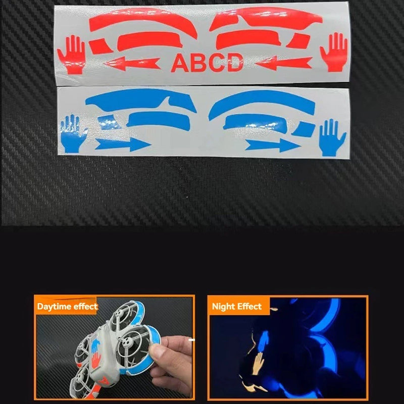 Waterproof drone decal sticker set, red and blue symbol arrows and hand icons
