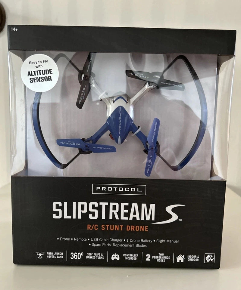 Protocol Slipstream R/C stunt drone retail box with blue quadcopter and propellers