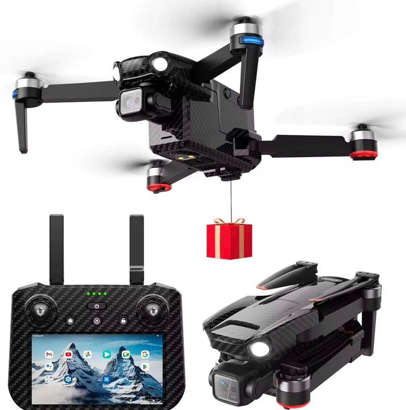 Quadcopter drone with camera, foldable arms, and front control screen