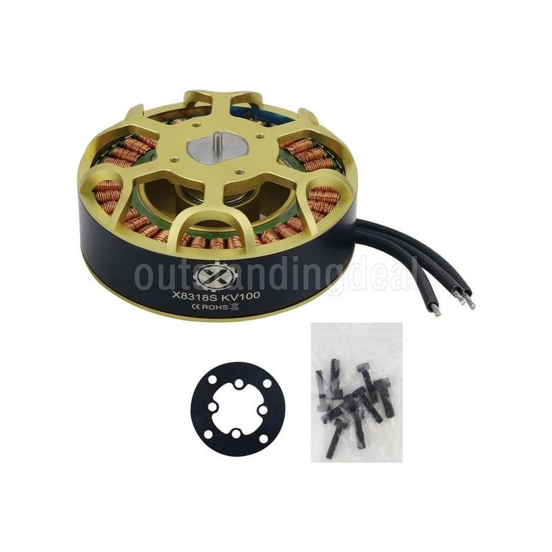 Black brushless drone motor with copper windings, three wires, mounting plate and screws