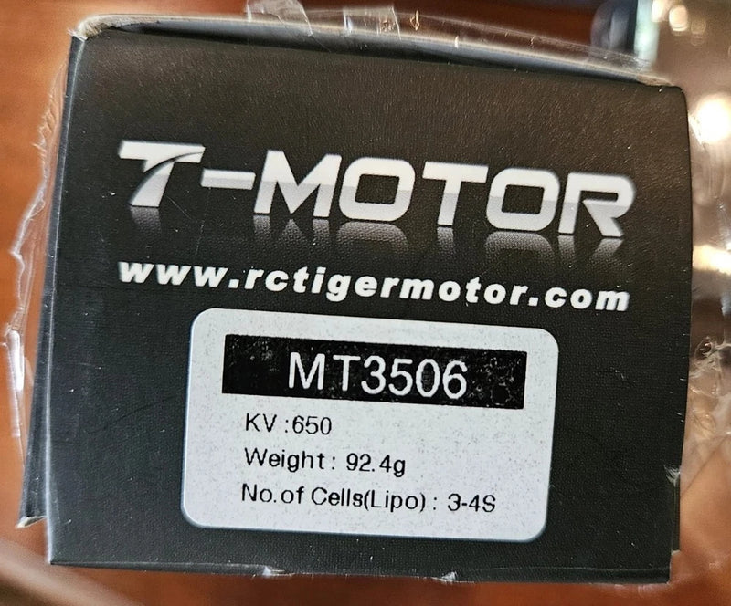 T-Motor MT3506 brushless motor box label, KV 650, 3-4S, weight 92.4 g