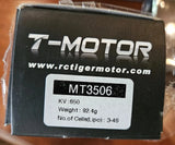 T-Motor MT3506 brushless motor box label, KV 650, 3-4S, weight 92.4 g