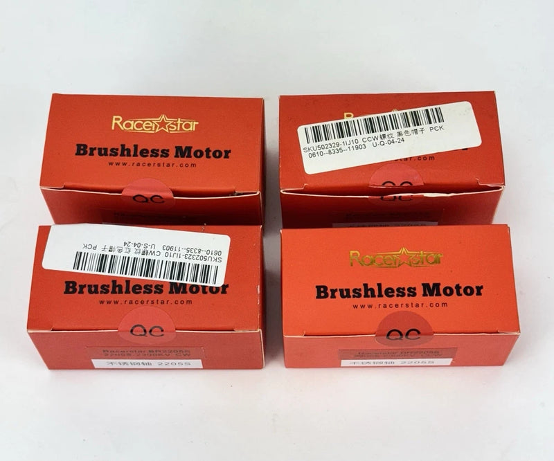Set of four Racerstar brushless motors in red boxes, labeled for CW/CCW multirotor use