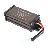 DC-DC step-down voltage converter with black metal case and red, yellow, and black leads