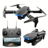 Foldable quadcopter drone with dual camera, blue lights, and handheld remote with screen